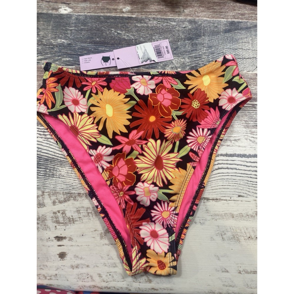 Wild Fable Pink Floral High Waist High Leg Ribbed Bikini Bottom Womens XS Hippie